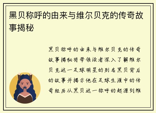 黑贝称呼的由来与维尔贝克的传奇故事揭秘