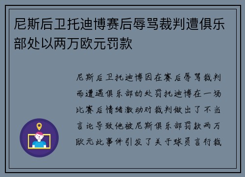 尼斯后卫托迪博赛后辱骂裁判遭俱乐部处以两万欧元罚款