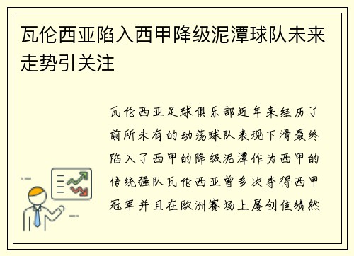 瓦伦西亚陷入西甲降级泥潭球队未来走势引关注