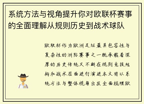 系统方法与视角提升你对欧联杯赛事的全面理解从规则历史到战术球队